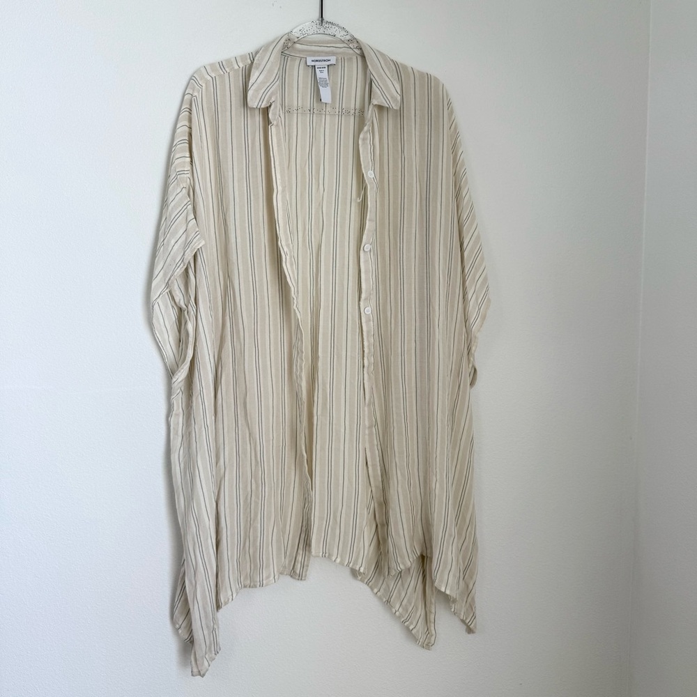 NORDSTROM Striped Open Front Botton Up Tunic Swim Cover Up Beachy O/S Oversized